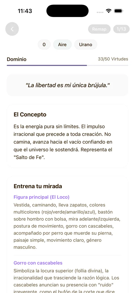 Pantalla de detalle de carta mostrando El Loco con su mantra y análisis visual