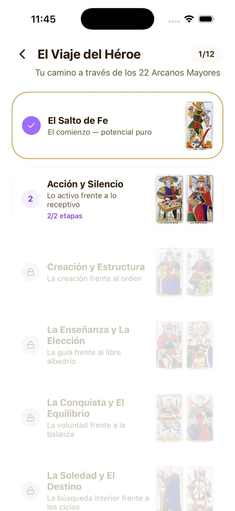 Lista de capítulos del Viaje del Héroe con cartas de tarot