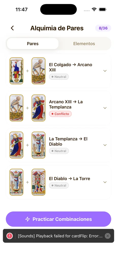 Lista de pares de cartas con sus relaciones de armonía y conflicto