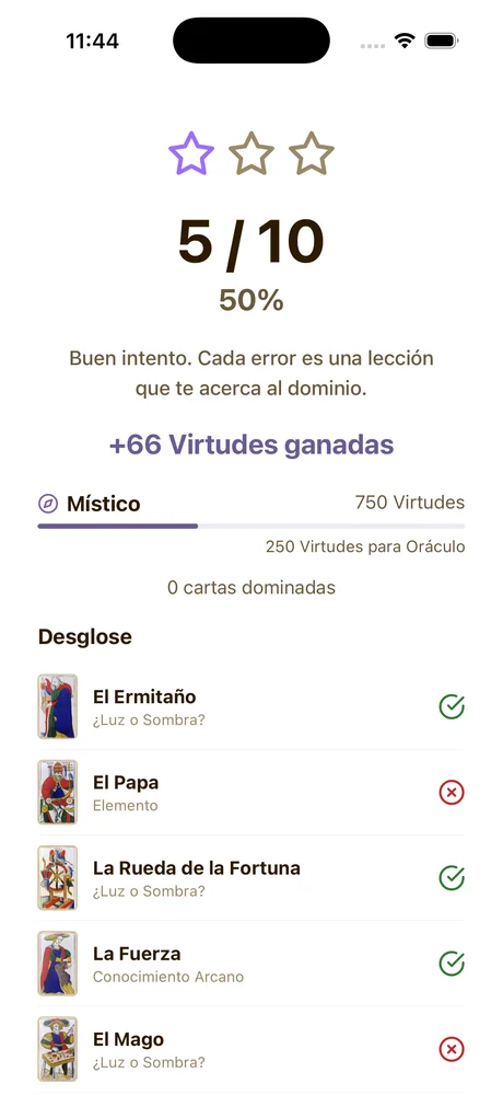 Resultados del quiz con puntuación y desglose por carta