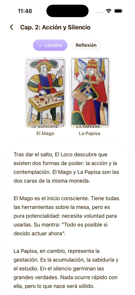 Capítulo del Viaje del Héroe con narrativa y cartas de El Mago y La Papisa